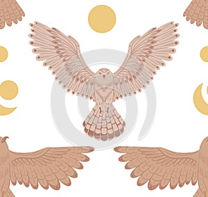 Decorative seamless pattern with flying birds and moon. Vector flat texture owls and eagles with spread wings on white background