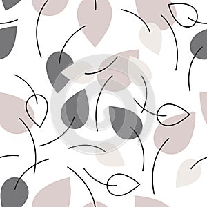 Decorative seamless pattern with grey, beige and creamy simple flat leaves on white background. Ideall for fabric