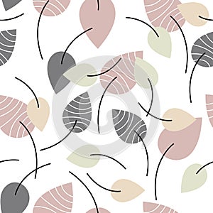 Decorative seamless pattern with grey, beige, orange and green striped flat leaves on white background. For fabric