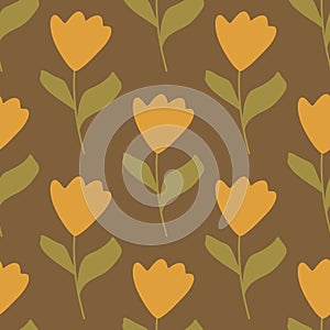 Decorative seamless pattern with hand drawn orange simple tulip flowers ornament. Brown background