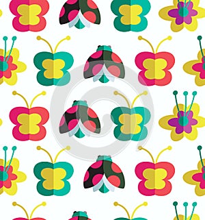 Decorative seamless pattern with insects and flowers Background with ladybirds, flowers and butterflies