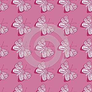 Decorative seamless pattern with leaf and flower ornamental butterfly shapes. Pink background