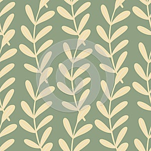 Decorative seamless pattern with light beige leaf branches ornament. Pale green background. Floral print