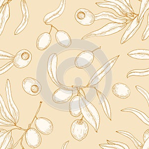 Decorative seamless pattern with olive tree branches, leaves, ripe fruits or drupes hand drawn with contour lines