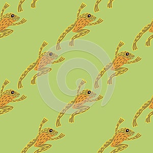 Decorative seamless pattern with pale palette orange froggy ornament. Green background. Simple style