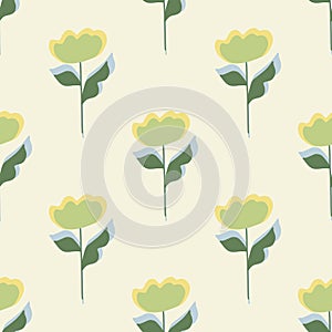 Decorative seamless pattern with pastel green flowers ornament. Pastel light background. Floral print