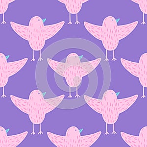 Decorative seamless pattern with pink hand drawn flying birds silhouettes. Purple background