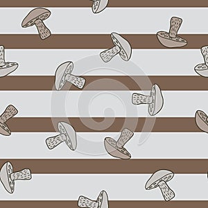 Decorative seamless pattern with random Leccinum scabrum mushroom ornament. Striped background