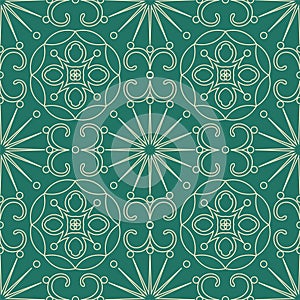 Decorative seamless pattern vector with openwork ornament on a green background. Abstract pattern for design cards, wallpaper,