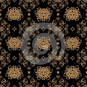 Decorative seamless pattern in vintage gothic style vector with ornamental elements and Medusa head