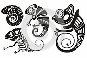 Decorative set of Chameleon composition .Illustration for poster, icon, art  sketch. Tribal vector design.