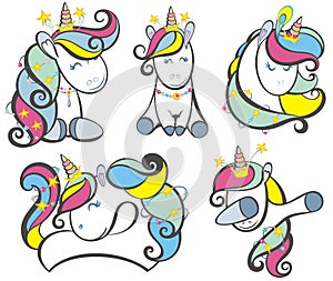 Decorative Set of Cute Cartoon Unicorns