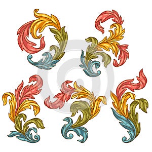 Decorative set of floral elements in baroque style. Colorful curling plant.