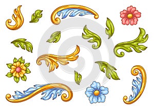 Decorative set of floral elements in baroque style. Colorful curling plant.