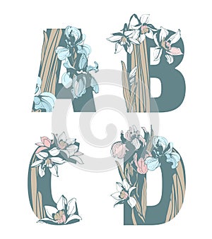 Decorative set of floral pattern flowers letters alphabet abc font