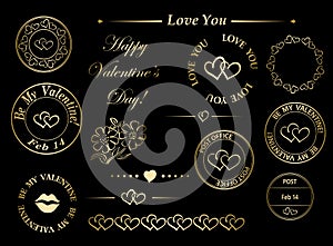 Decorative set of golden romantic postal stamps with hearts and dividers for valentine day - vector design elements