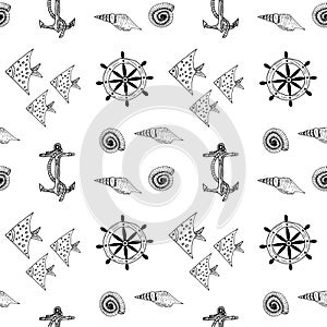 Decorative set with sea elements - fish, anchor, shells, steering wheel. Pattern on a white background.