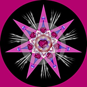 Decorative seven-pointed stars Mandala with a hearts in a purple colors