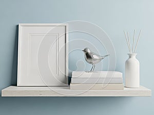 Decorative shelf with bird figurine and diffuser isolated on white background