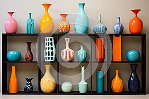 Decorative Shelf colorful vases. Generate Ai