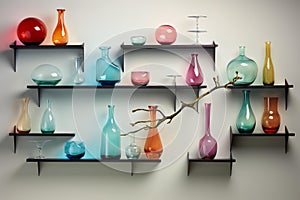Decorative Shelf colorful vases room. Generate Ai