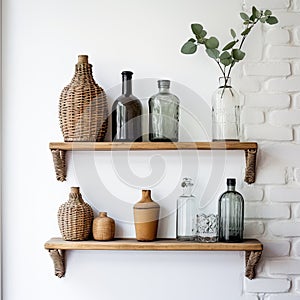 Decorative shelf on white brick wall with vintage bottles