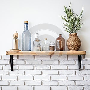 Decorative shelf on white brick wall with vintage bottles