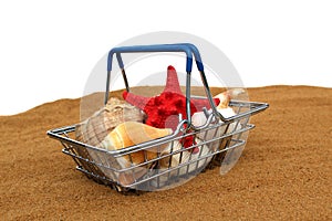 A decorative shopping basket with various shells stands on the sand.