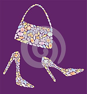 Decorative silhouettes elegante female shoes on high heels and small handbag from abstract colorful flowers and leaves photo