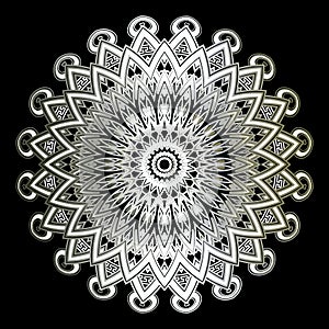 Decorative silver 3d vector mandala pattern. Surface ornamental luxury background. Floral shiny round flower ornament