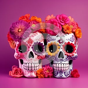 Decorative skull with flowers on bright colourful background. Cinco de Mayo photo