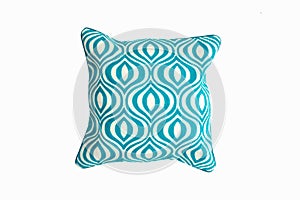 Decorative soft pillow, with geometric pattern in green and white color, isolated on white background