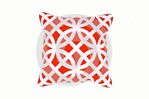 Decorative soft pillow, with geometric pattern in red and white color, isolated on white background