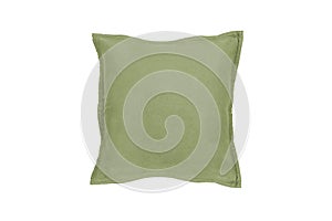 Decorative soft pillow, green linen, isolated on white background