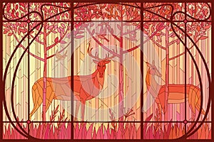 Decorative stained glass pair of deer in the woods in Art Nouveau frame