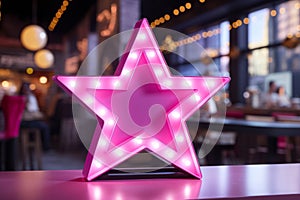 Decorative star with glowing LED bulbs. Pink star shaped LED light, single. Modern cafe interior decoration.