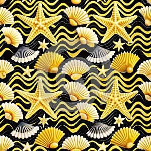 Seamless pattern with starfish and seashells on wavy black background.