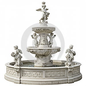 A decorative stone fountain featuring classical design elements. The structure
