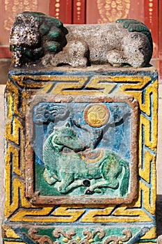 Decorative stone with horse and yin yang by the entrance of a building in Gandan Monastery, Ulaanbaatar or Ulaan-Bator, Mongolia