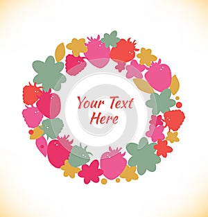 Decorative stylish round garland. Ornate vector wreath with flowers, berries, leaves and summer details.