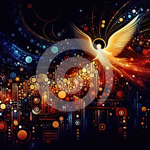 Decorative stylized angel over abstract ornamental city
