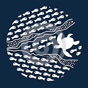 Stylized ocean. Silhouette of a turtle and fish. Illustration vector.