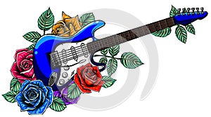 Decorative stylized hand drawn guitar and flowers