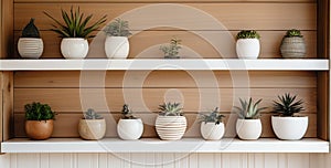 decorative succulents and plants sit on a shelf in a wood cottage home