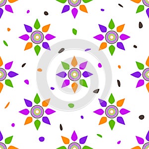 Decorative sun shapes, multicolour seamless pattern swatch. Festive colourful centric rings symbol, petals, spots