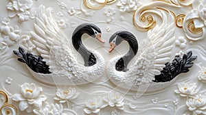Elegant White and Black Swans Sculpture Art, Romance, Luxury, Love