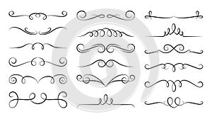 Decorative swirls dividers. Flourish line border ornament, filigree decor element. Vintage frame, header text separator