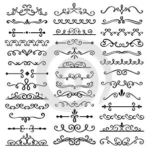 Decorative swirls dividers. Old text delimiter, calligraphic swirl border ornaments and vintage divider vector set