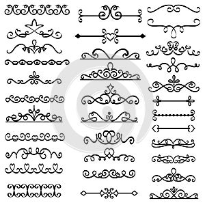 Decorative swirls dividers. Old text delimiter, calligraphic swirl border ornaments and vintage divider vector set