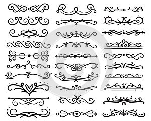 Decorative swirls dividers. Old text delimiter, calligraphic swirl ornaments and vintage divider, retro borders